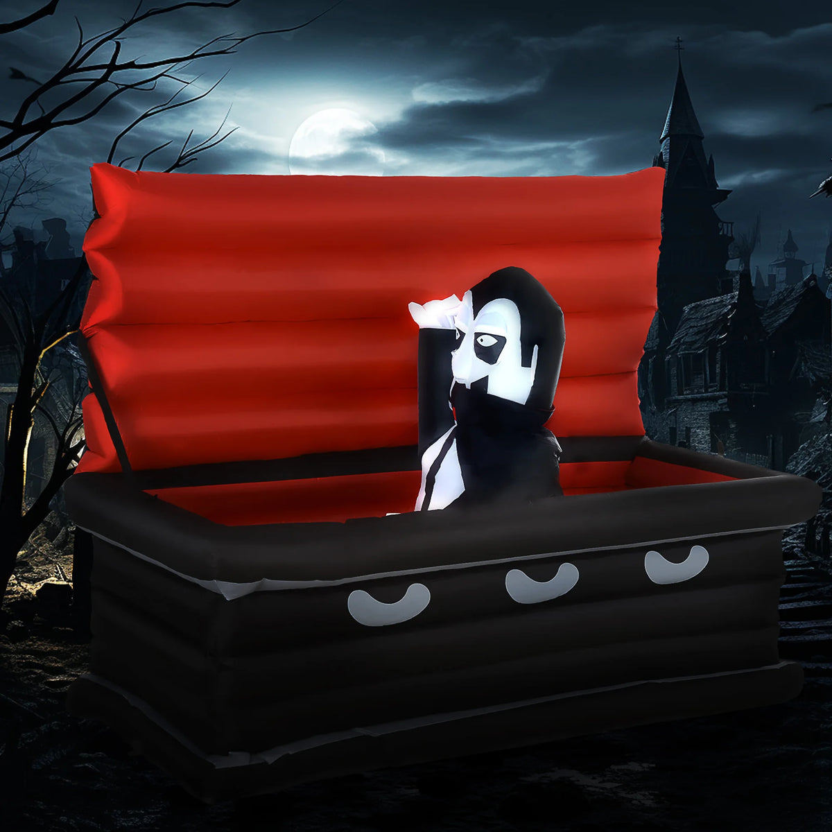 70.75"W Inflatable Halloween Vampire Coffin Anchored Outdoor Display W/ Leds