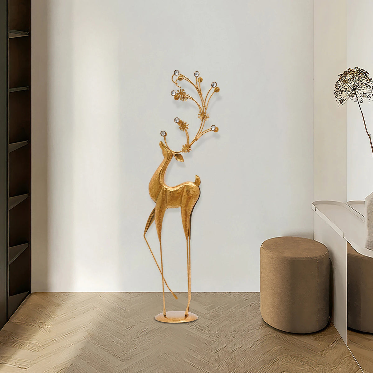 85CM Large Gold Deer Statue, Retro Iron & Plastic Sculpture with Rhinestone Antlers, High-Temperature Baking Paint, Sturdy Freestanding Home Decor Ornament for Living Room, Office, Christmas Gift
