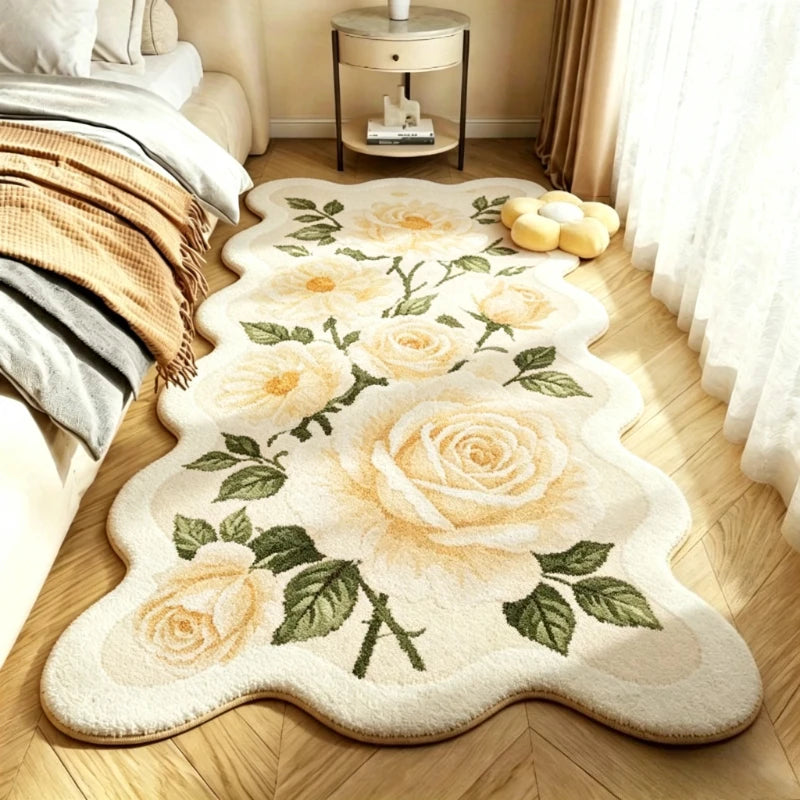 Pastoral Style Carpets for Living Room Pink Flowers Bedroom Decor Carpet Irregular Bedside Plush Rug Fluffy Soft Home Floor Mat