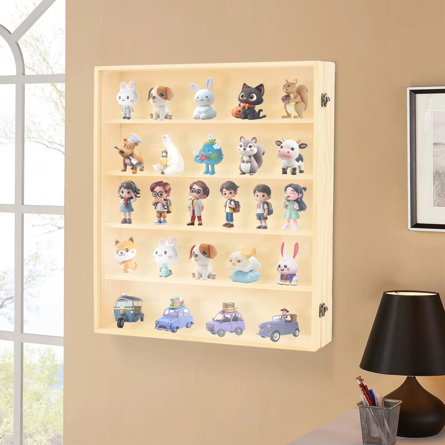 5-Tier Wall Mount Solid Wood Display Case,  Composite Board Acrylic Dustproof Door Secure Latches 15-20Kg Load Bearing Burr-free Edge Anime Figurine Model Storage Cabinet