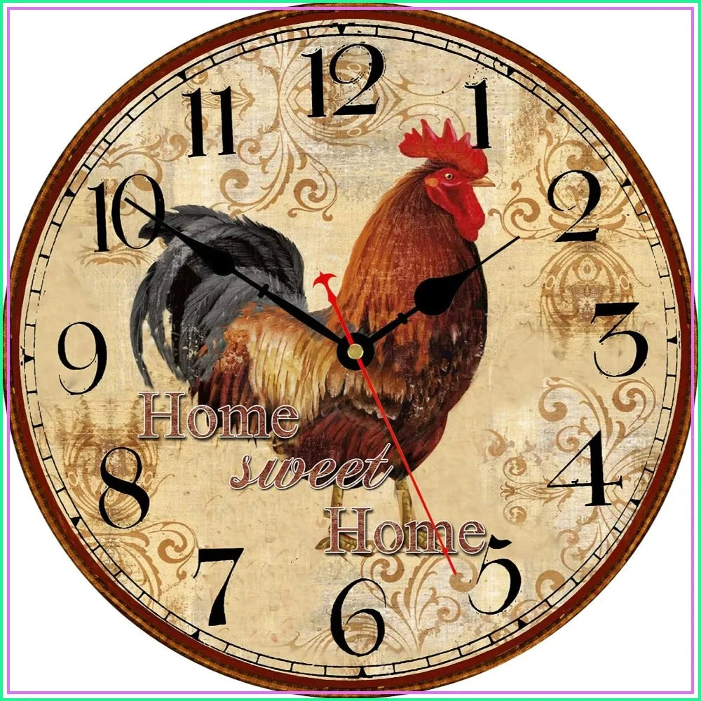 14 Inch Rustic Rooster Wall Clock, Retro Silent Non Ticking, Easy to Read, Battery Operated Decorative Clock for Kitchen Living Room Bedroom Farmhouse