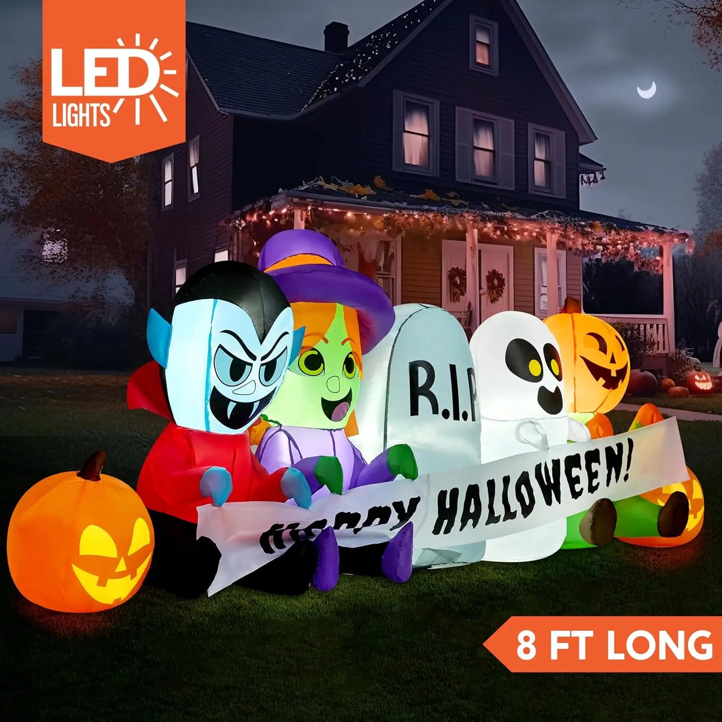 8 FT Long Inflatable Halloween Decor Outdoor, Halloween Blow Up Decorations Inflatable Pumpkin Ghost Vampire Witch Tombstone with LEDs for Yard Decorations