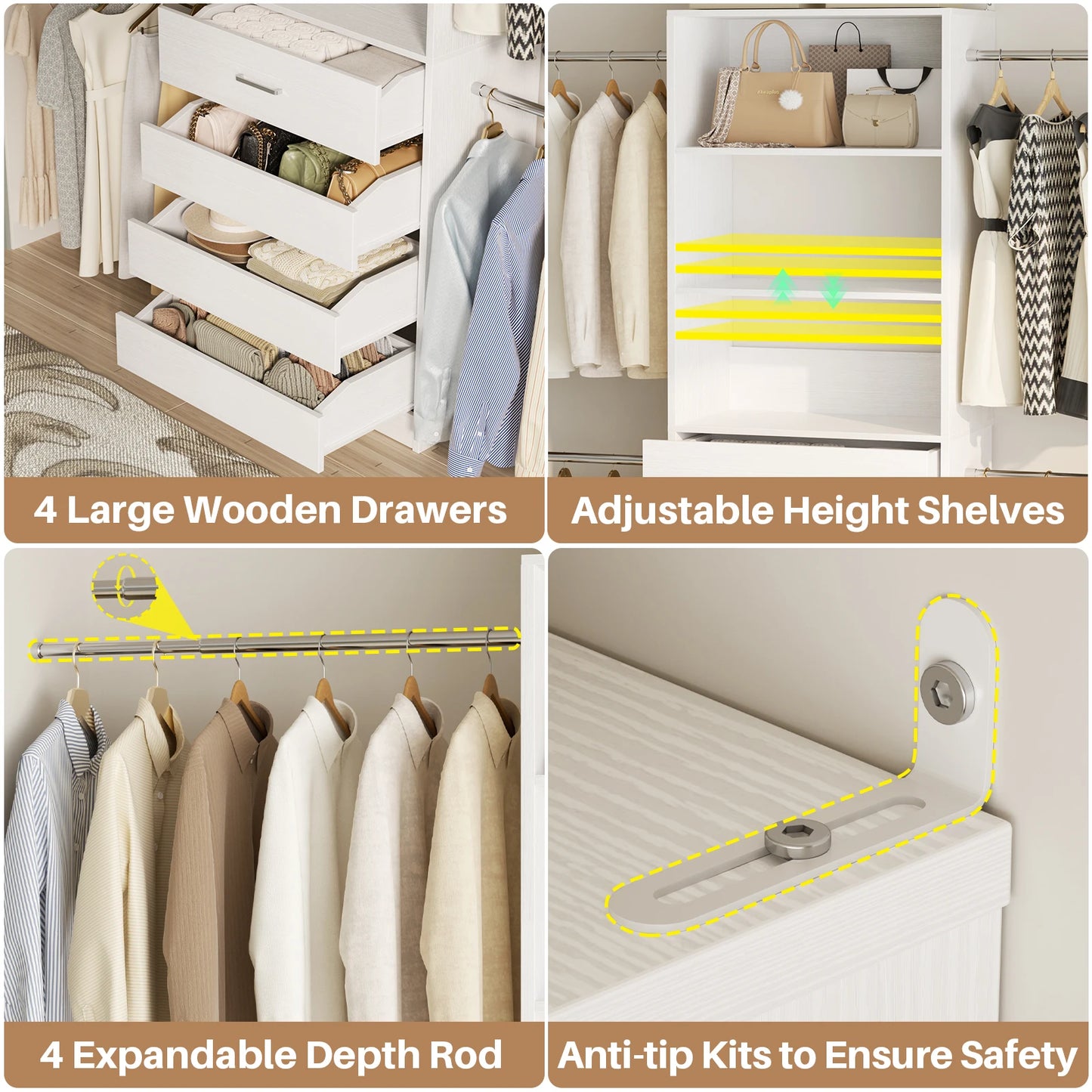 Aheaplus Wooden Closet System With Four Drawers Four Hanging Rods