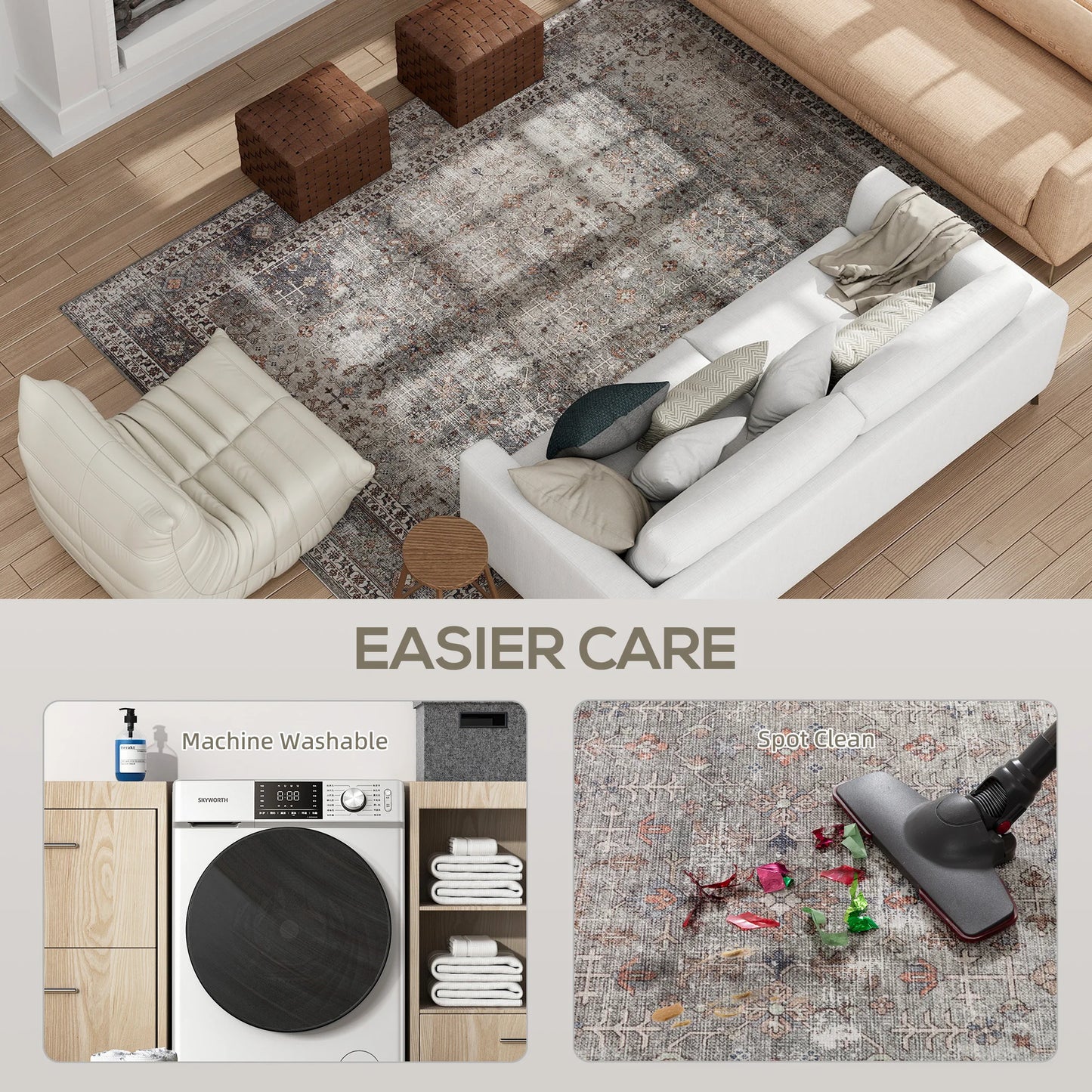 Area Rug 8x10, Machine Washable Rug, Non-Slip Traditional Floor Cover Foldable Carpet, Dark Mixed-Brown