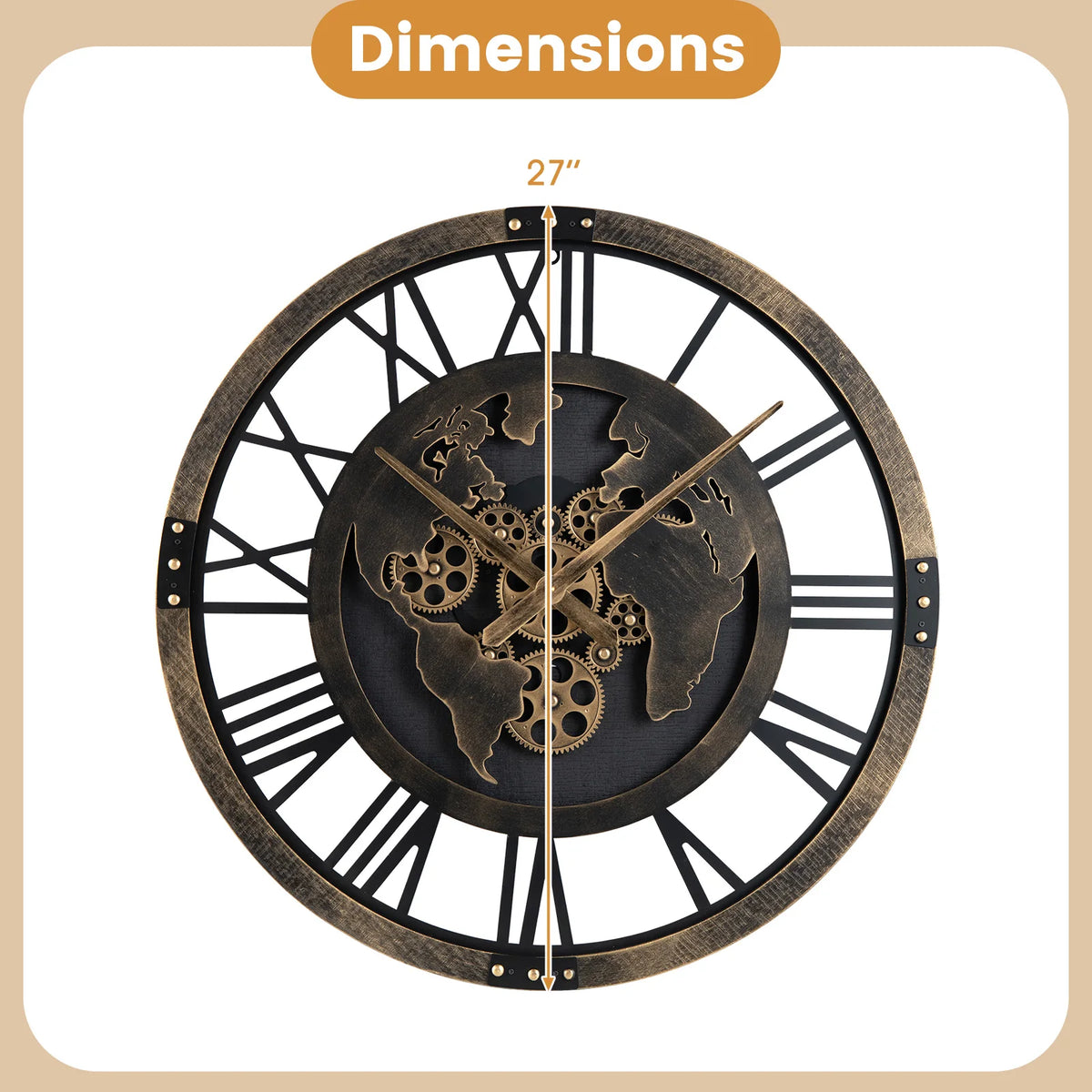 Large Wall Clock, 27” Gear Clock w/ World Map, Non-Ticking Decorative Metal Clock