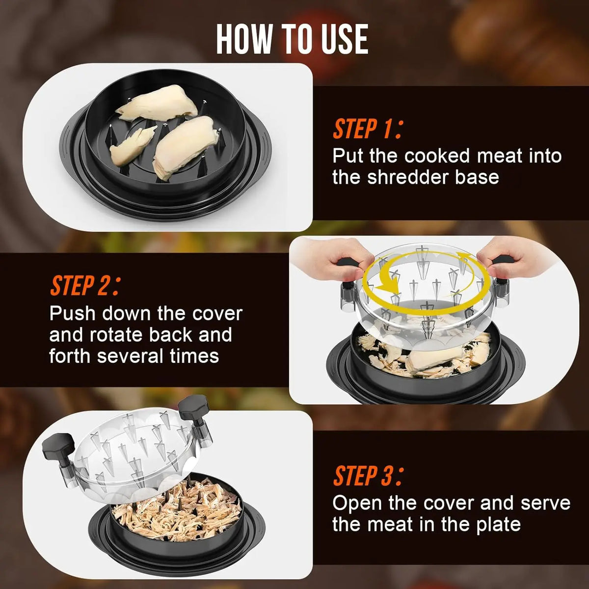 Chicken Shredder 8 Inches Chicken Shredder Tool Twist Black BPA Free Meat Shredder with Clear Lid Ergonomic Anti-slip Handle Easy To Clean Dishwasher Safe Shredding Tool for Chicken Breast Pork Beef Cooked Meat
