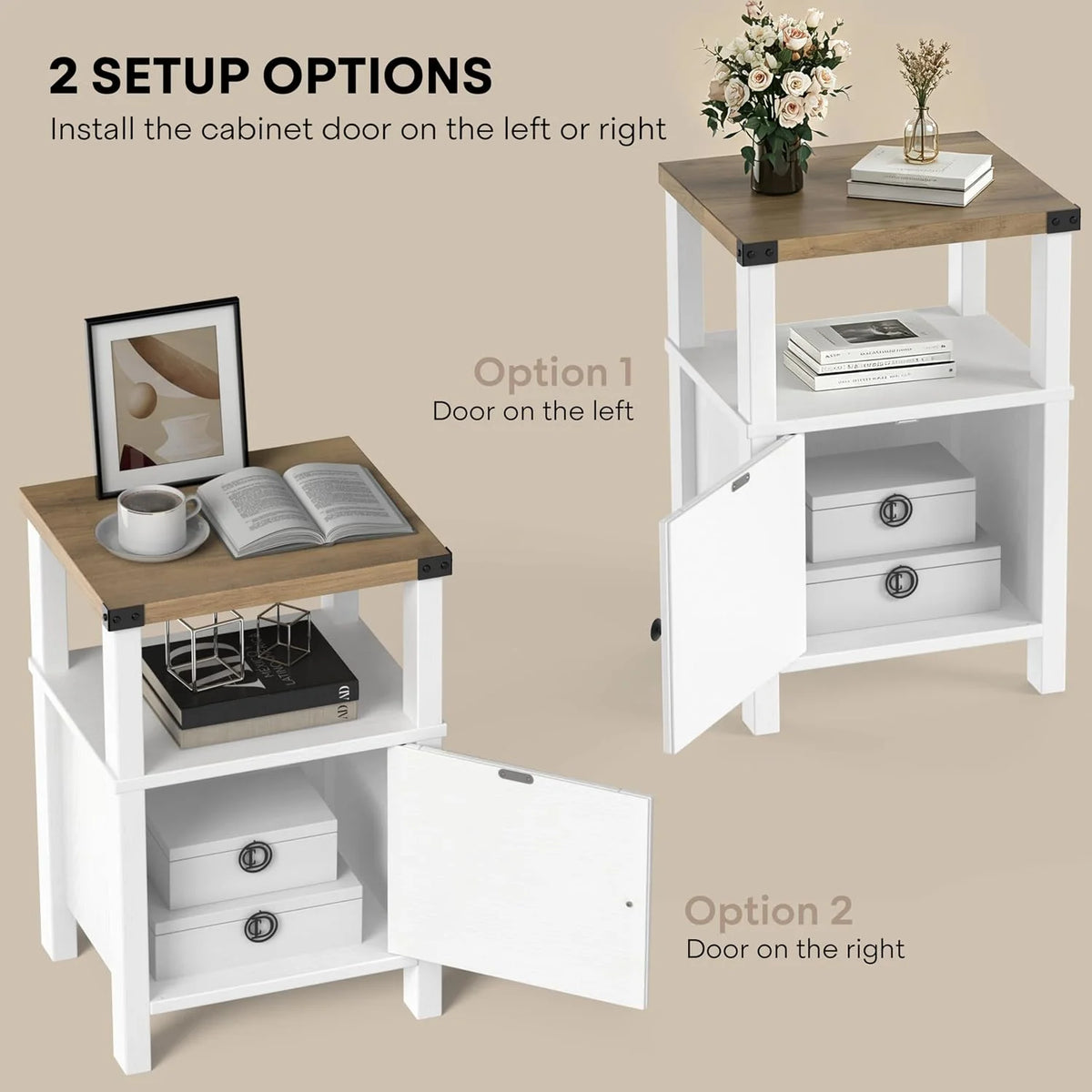 24.8"Farmhouse Nightstand Set 2, Wood Bedside Table with Barn Door Storage for Bedroom Living Room, White/Beige
