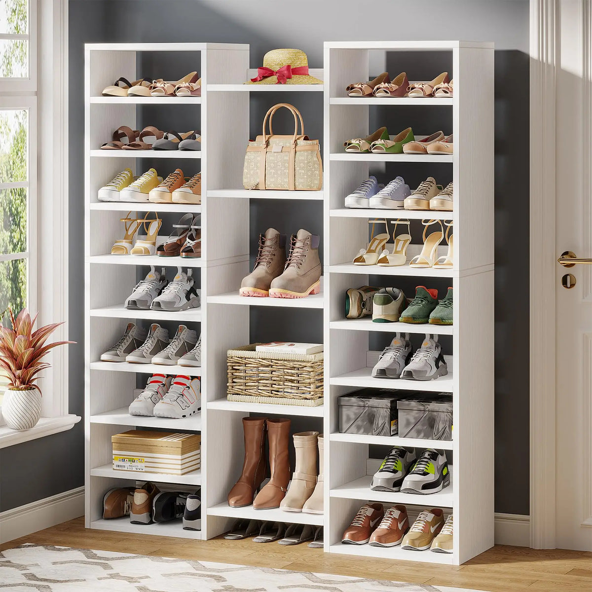 Tribesigns 14-Tier Shoe Rack, Freestanding Tall Shoe Shelf, White Wooden Shoe Storage Cabinet with 22 Open Cubbies, 46 Pairs Wid