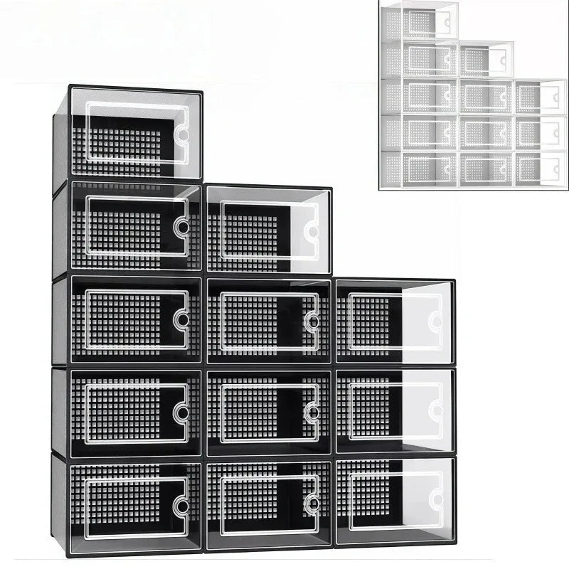 12 Pack Stackable Clear Plastic Shoe Storage Boxes with Front Door, Foldable Shoe Organizer Containers, Dust-Proof Transparent Shoe Drawer Bins for Closet Bedroom Sneaker Boots Storage