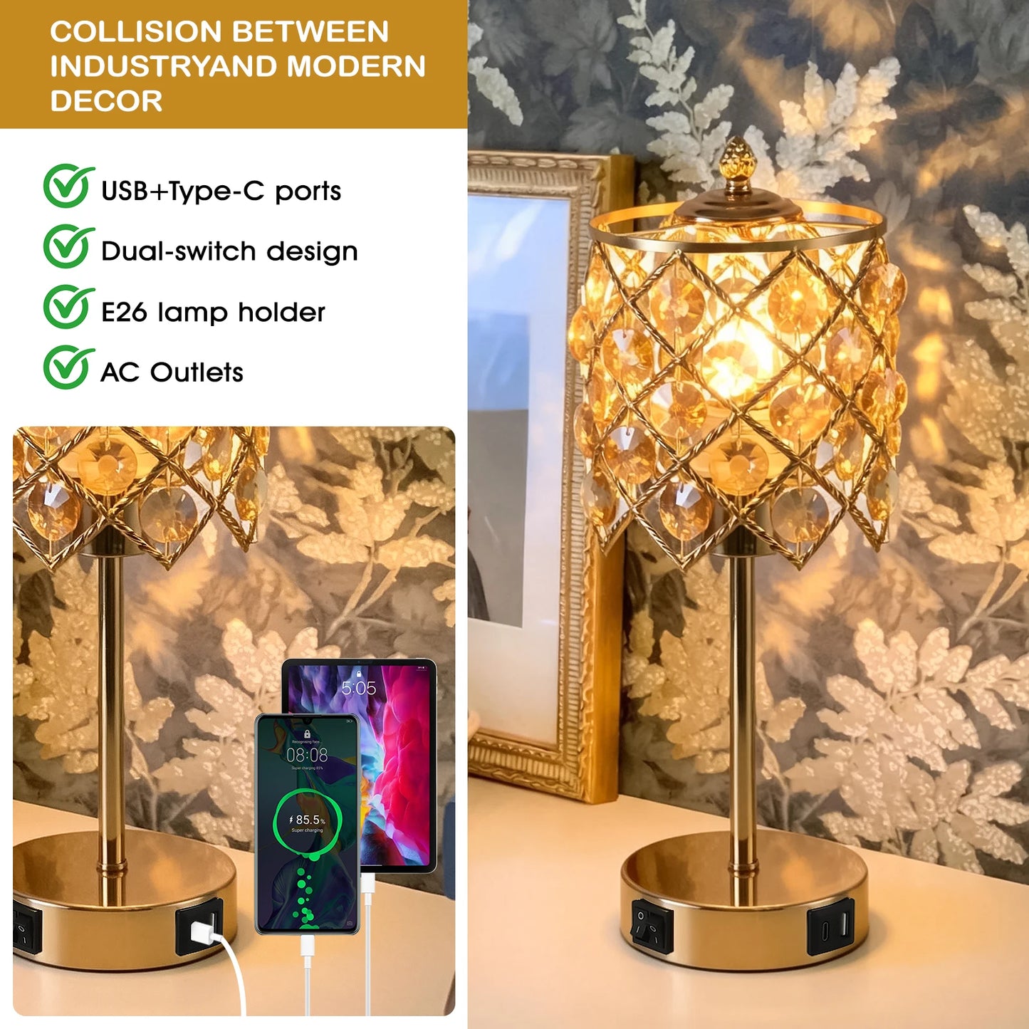 Luxury Gold Crystal Table Lamp with USB Charging Port & AC Outlet, Diamond Grid Crystal Lampshade Metal Bedside Nightstand Lamp, Elegant Decor Desk Lamp for Bedroom Living Room Hotel Wedding Home Decor