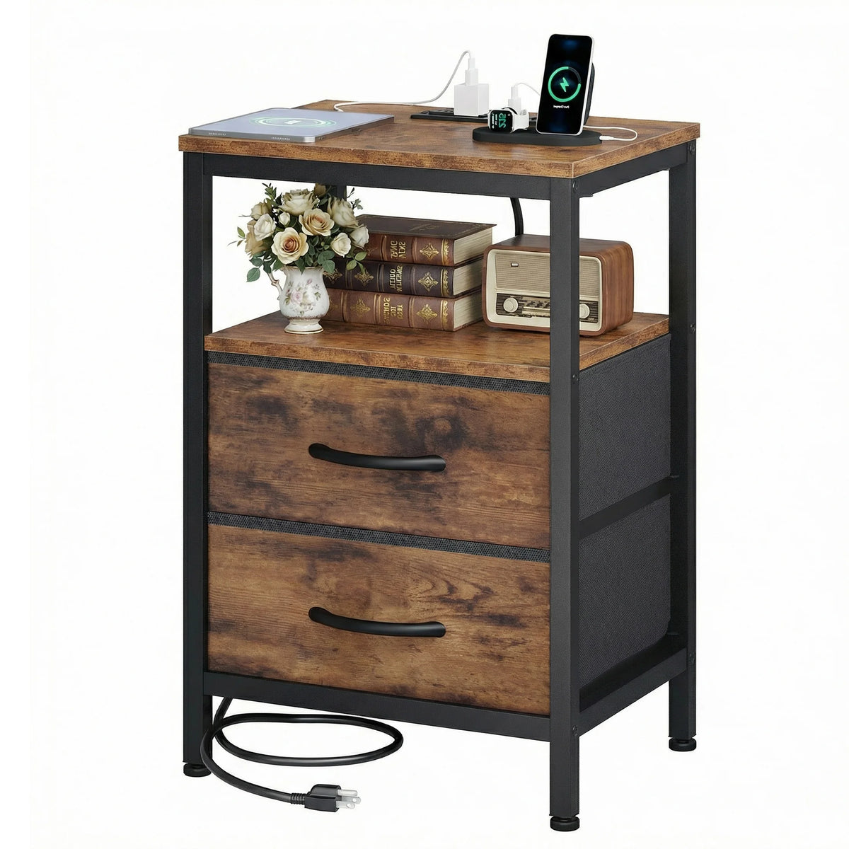 JHK Fabric Nightstand With USB Charging And Open Shelf