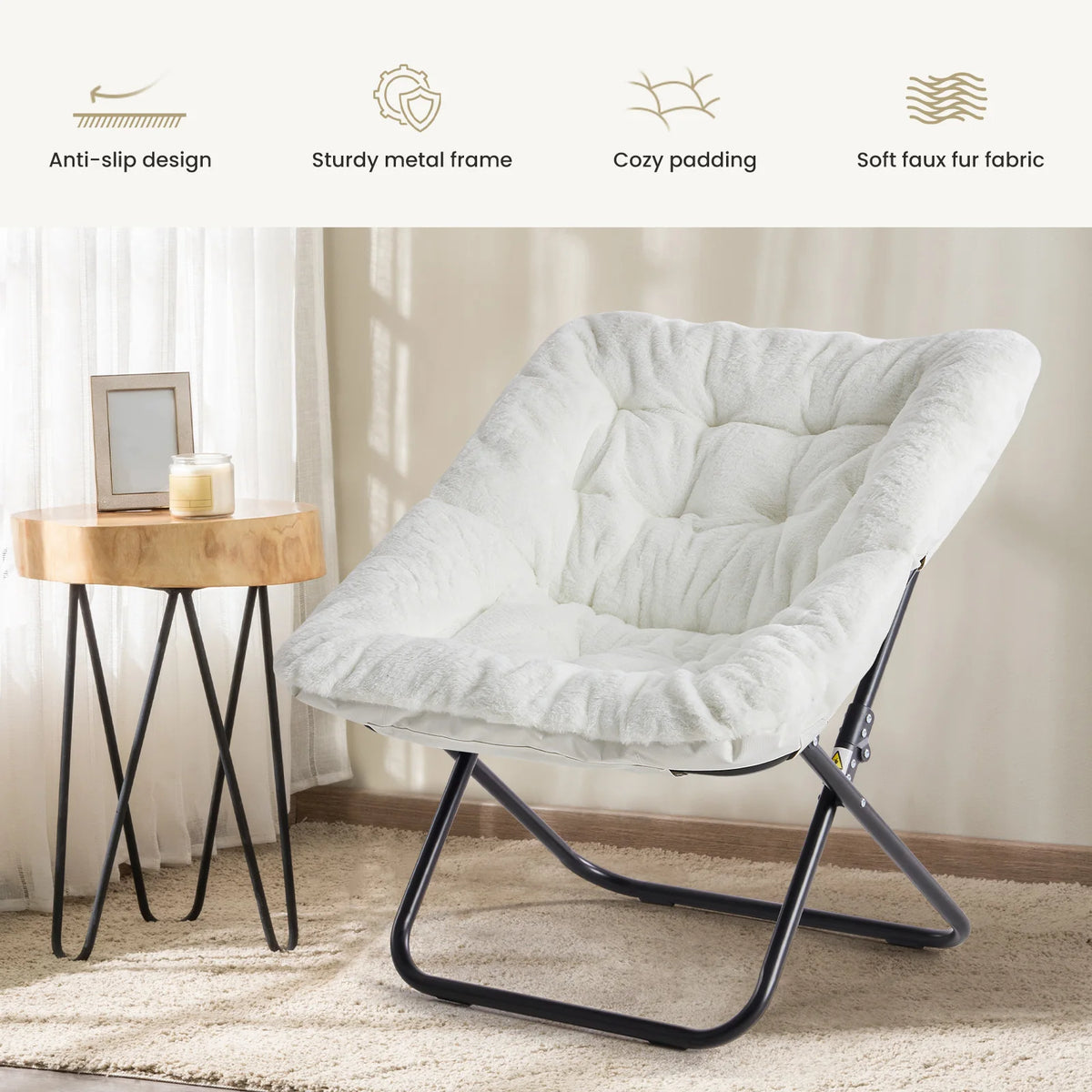 JHK Folding Saucer Lounge Chair With Padded Faux Fur Seat