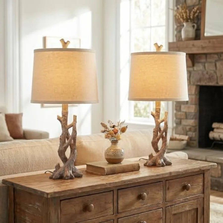 23" Rustic Farmhouse Table Lamp Country Cottage Lamps for Nightstand Tree Trunk Wood Grain Lamp for Bedroom Living Room with Oa