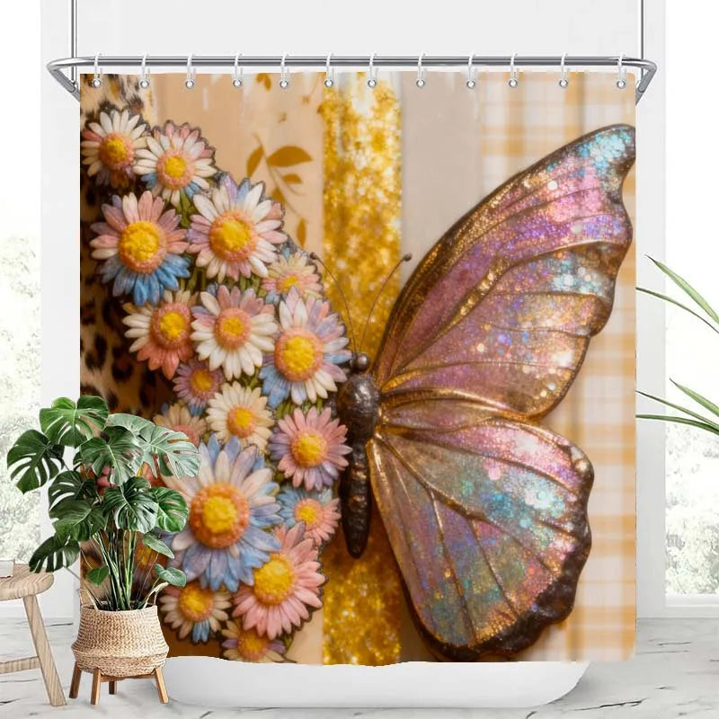 2D Flat, 4pcs Floral and Butterfly 2D Bathroom Set, High-quality Bathroom Decorations and Accessories Including a Non-slip Bath Mat, U-shaped Floor Mat, Toilet Seat, and Shower Curtain with 12 Hooks.