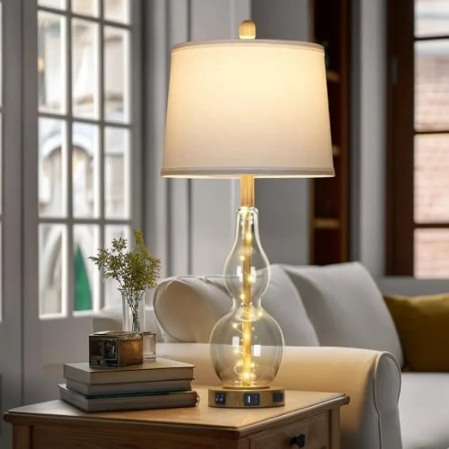 27.5" Glass Table Lamp Set of 2 with Night Light, Bedside Lamps with USB Ports and AC Outlet, Modern Nightstand Lamps Retro Far