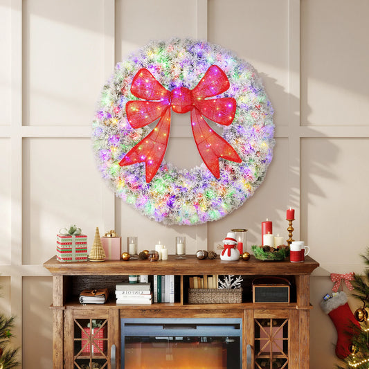 Homcom 48in Flocked Pre-Lit Artificial Christmas Wreath with 3D Red Bow