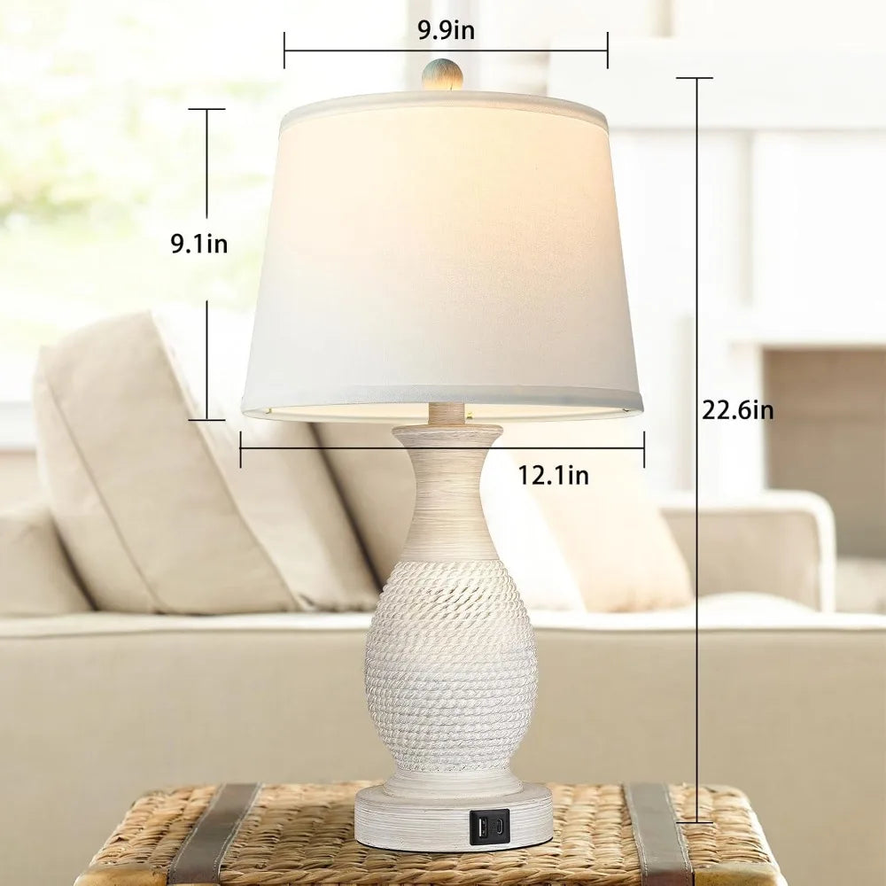 Set of 2 Touch Table Lamps with USB Charging, Dimmable, White Fabric Shade, LED Bulbs Included