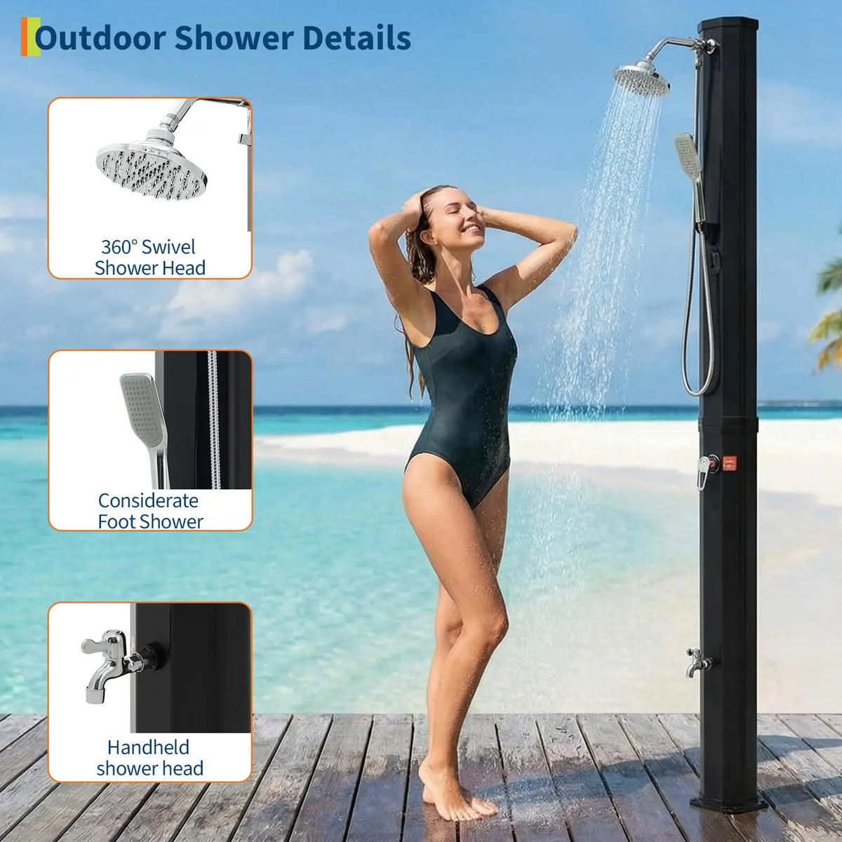 7.2FT Freestanding Solar Heated Pool Shower 9.3 Gallon Outdoor Shower Kit With Handheld Foot Faucet Hot Cold Water & Cover